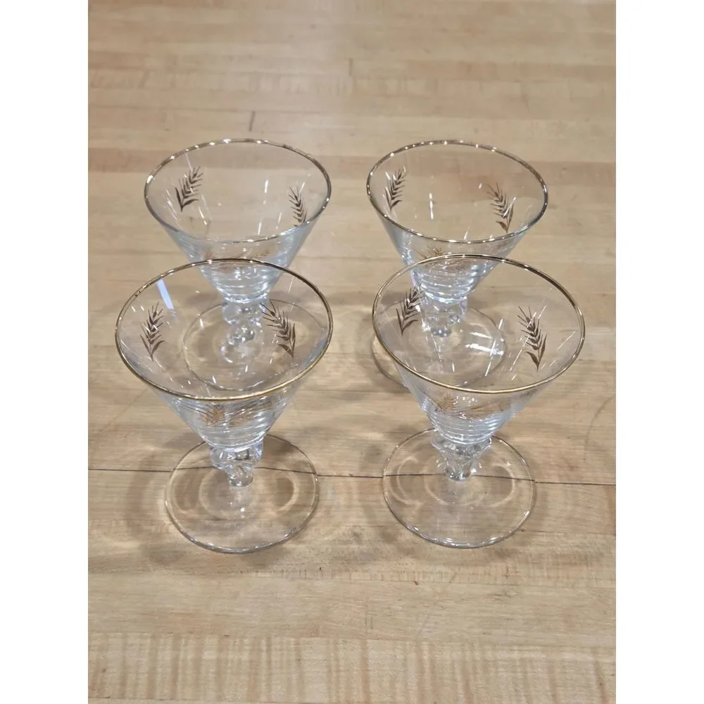Vintage Mid Century Gold Wheat Harvest Cocktail Glasses Set 4 Wine Glasses 4.5